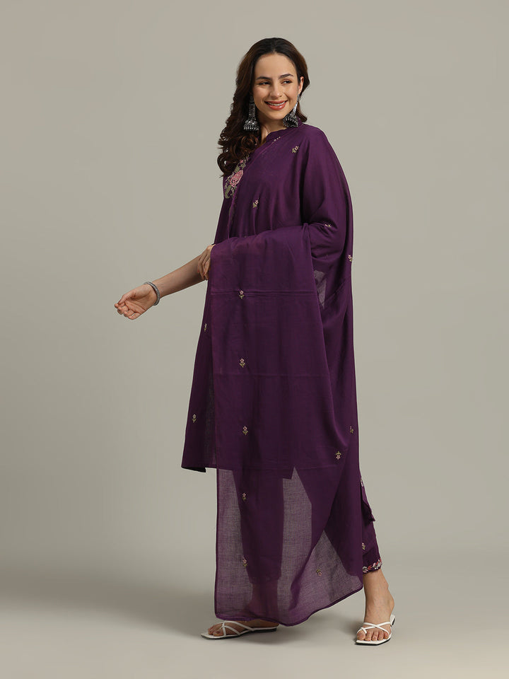 Resham Embroidered Cotton Kurta With Pants &amp; Dupatta