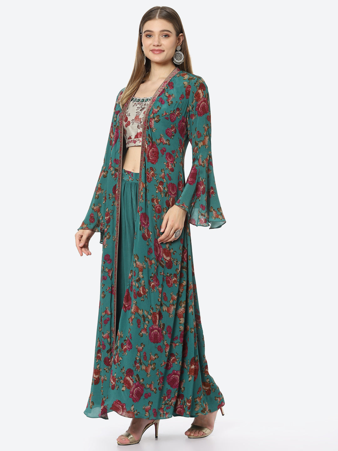 Digital Floral Printed Crepe Crop Top With Sharara &amp; Jacket