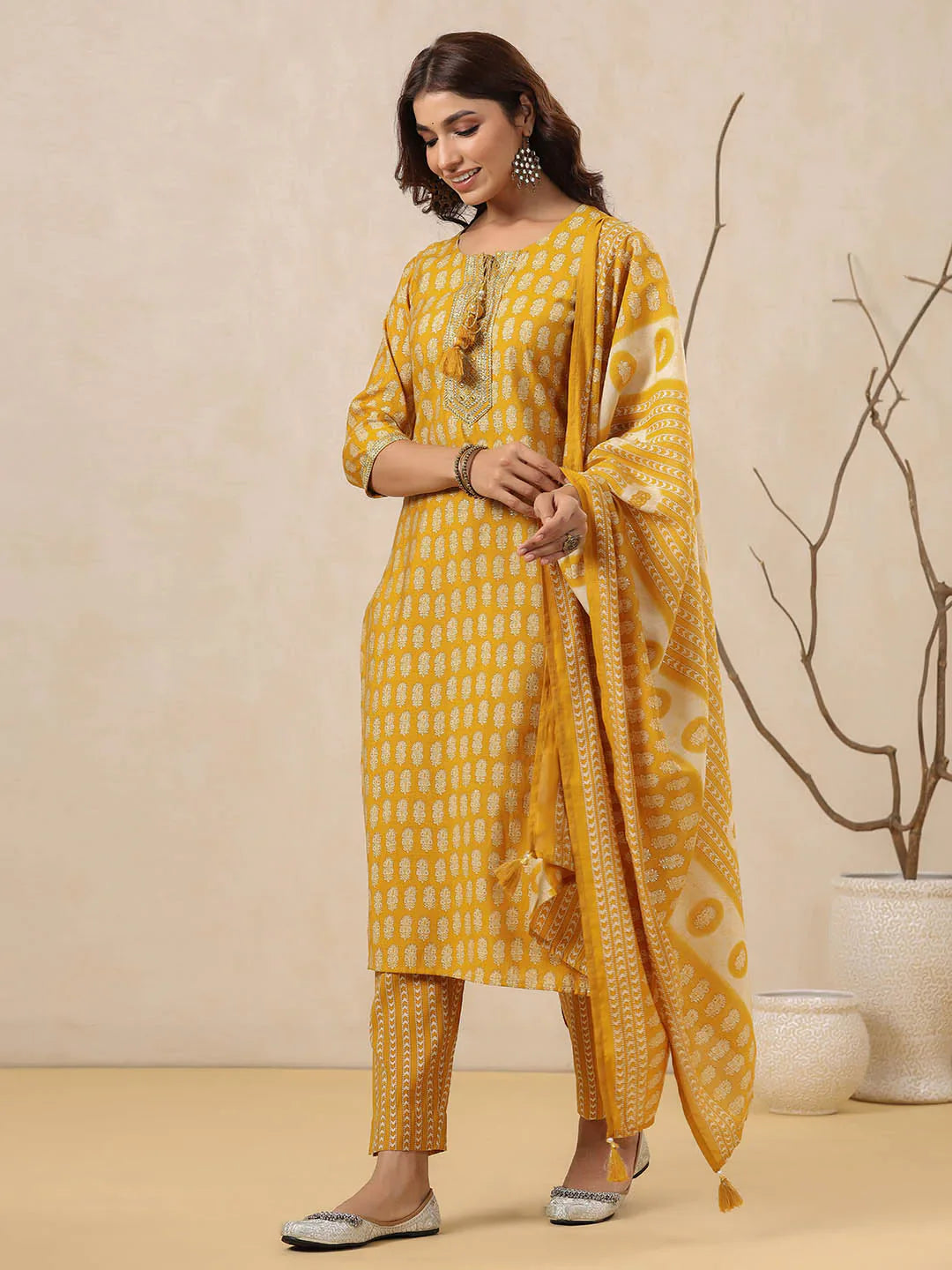 Block Printed Muslin Kurta With Pants &amp; Dupatta