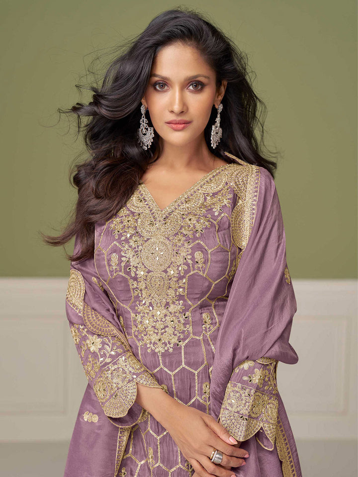 Embroidered Art Silk Kurta With Gharara &amp; Dupatta