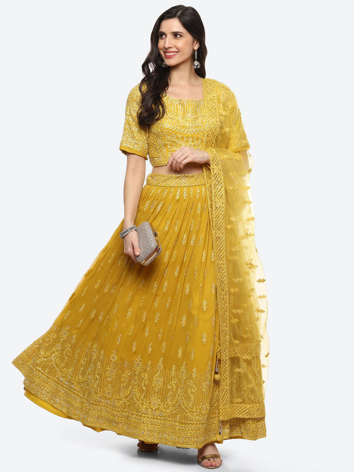 Resham Embroidered Georgette Choli With Lehenga &amp; Net Dupatta