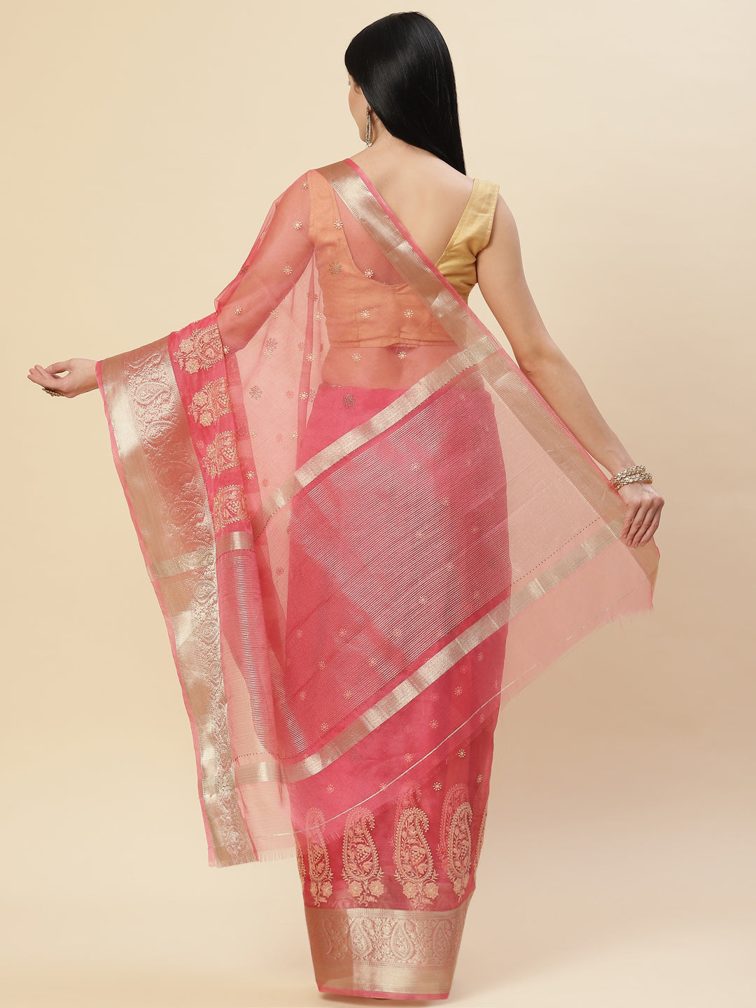 Embroidered Booti Organza Plain Saree