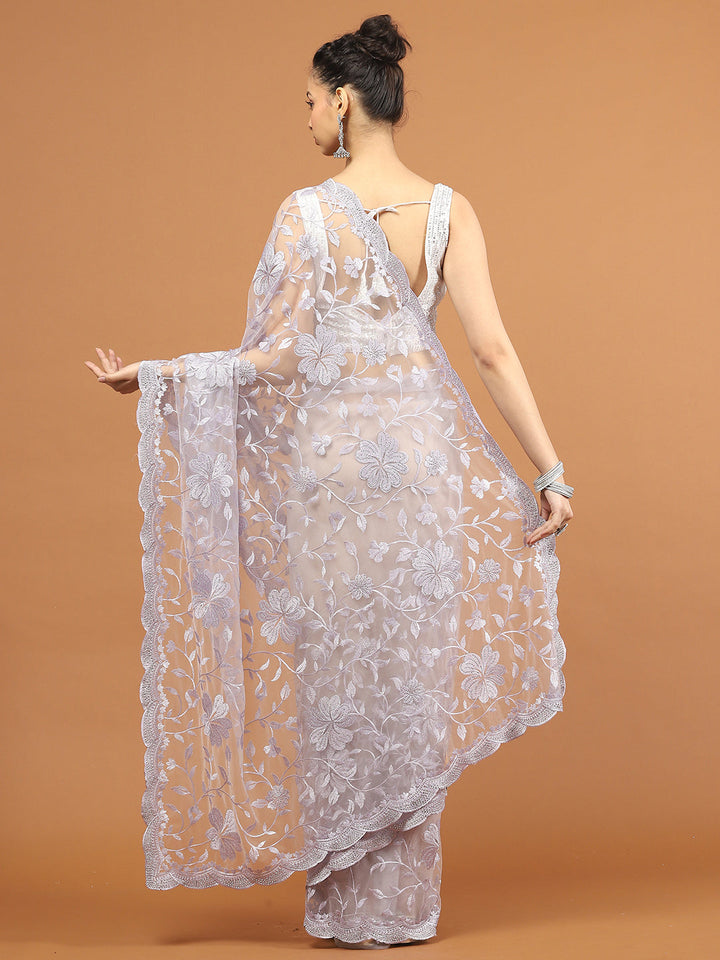 Sequence Embroidery Net Saree