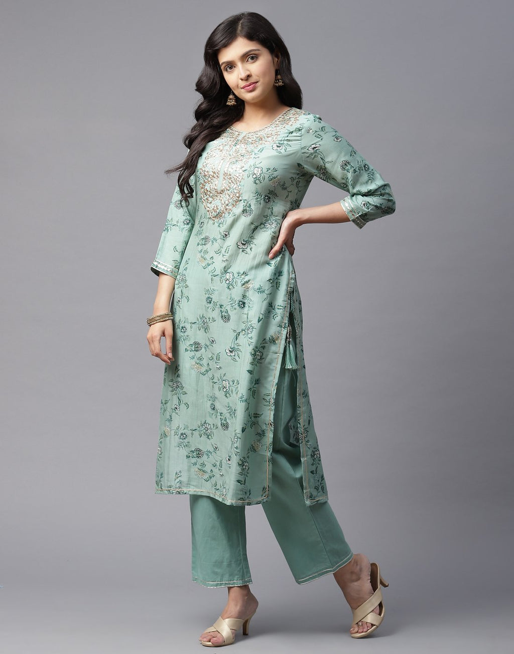 Printed Kurti Pant Set with Gota Yoke Embroidery