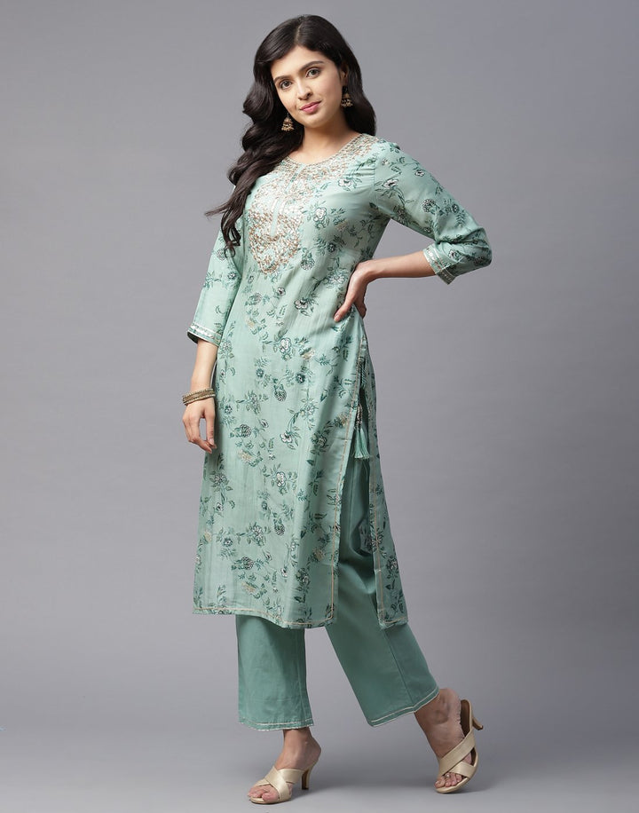 Printed Kurti Pant Set with Gota Yoke Embroidery