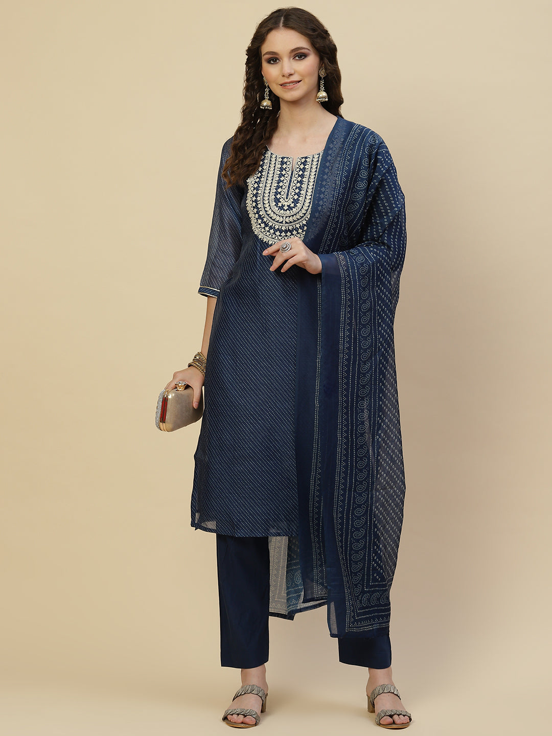 Printed Chanderi Kurta With Pants &amp; Dupatta