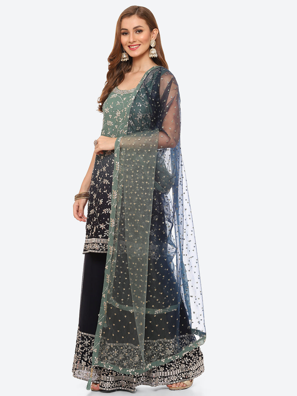 Zari Booti Georgette Kurta With Palazzo & Dupatta