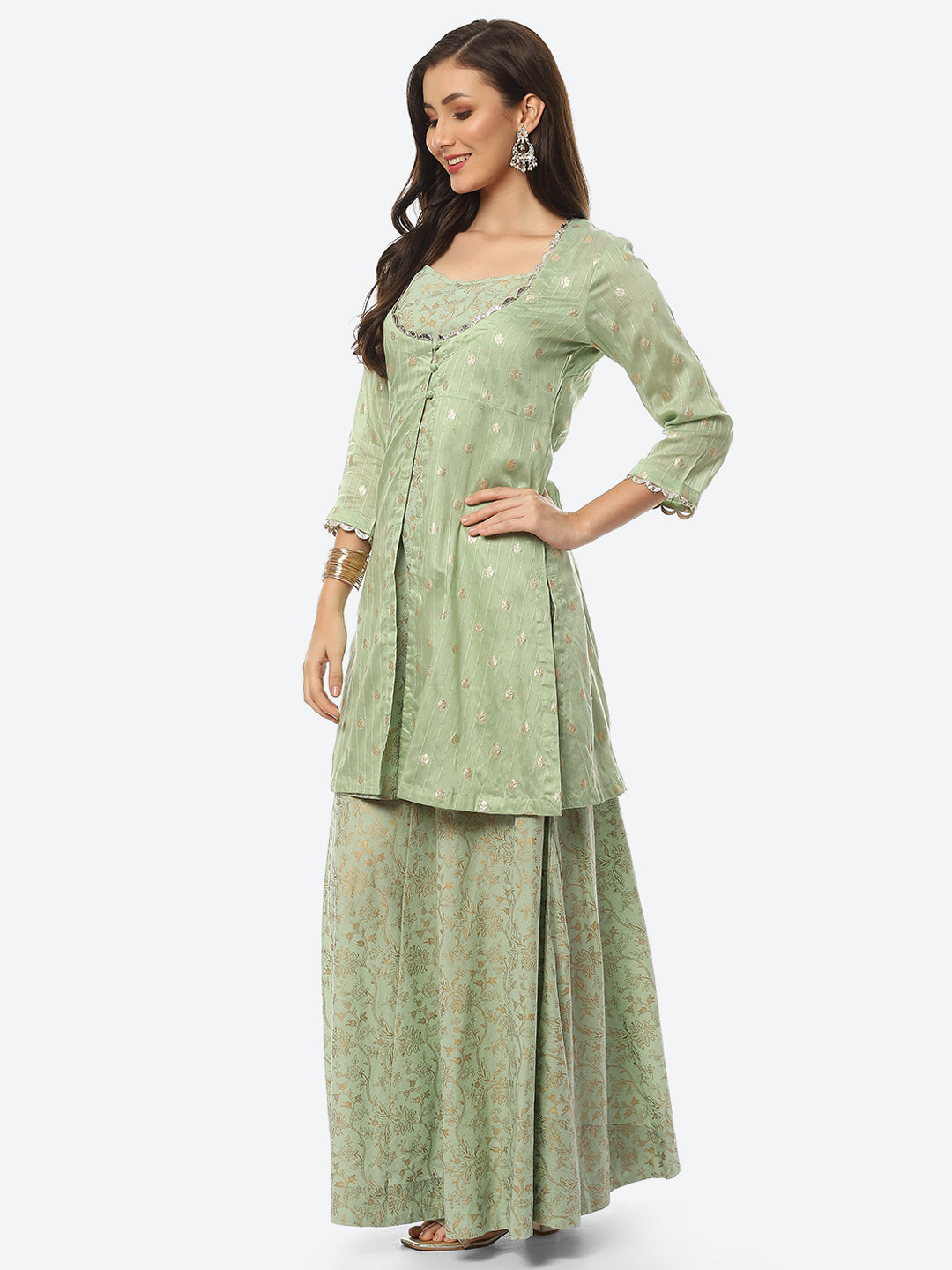 Printed Chanderi Kurta With Skirt &amp; Jacket