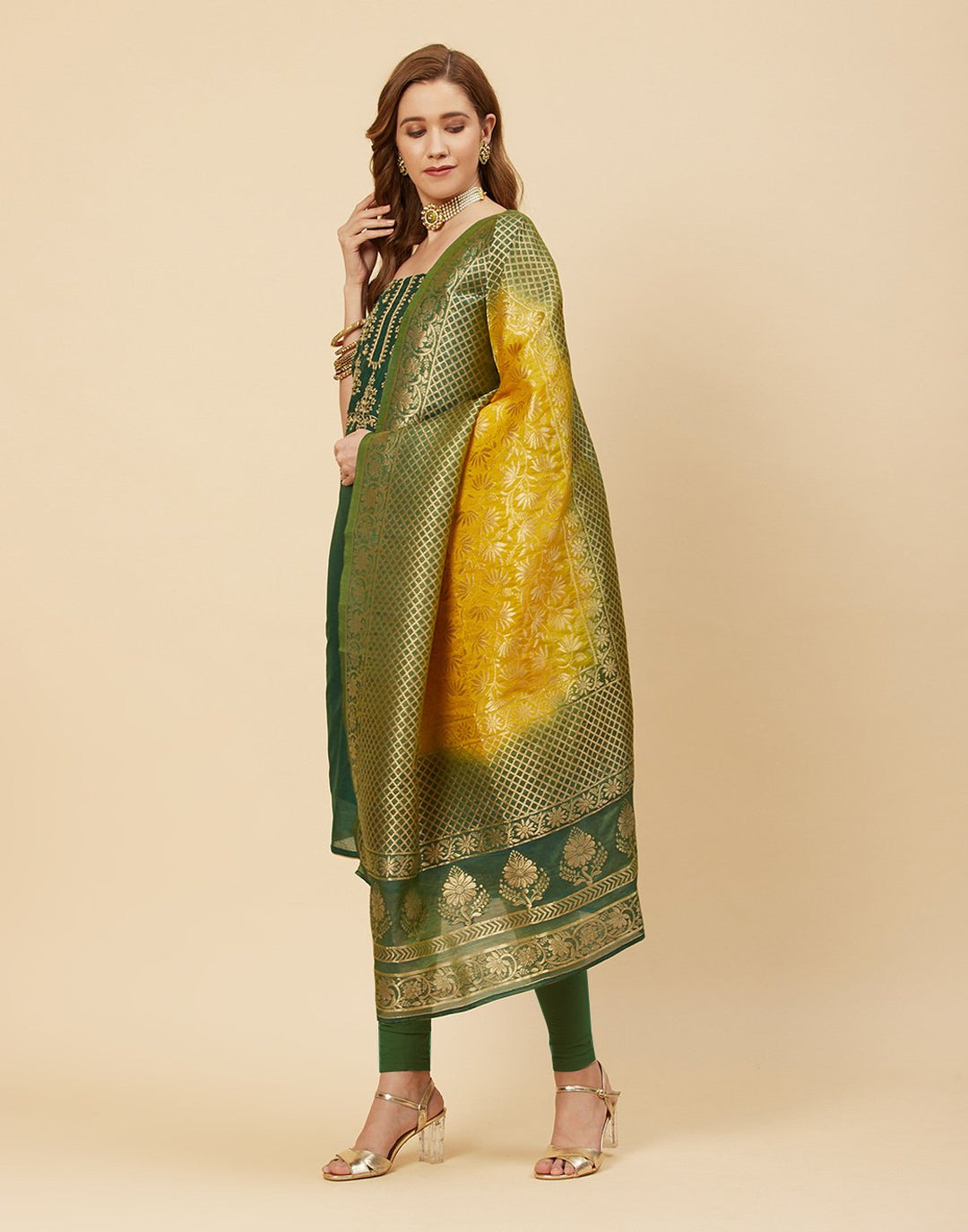 Embroidered Chanderi Suit Piece With Banarasi Dupatta