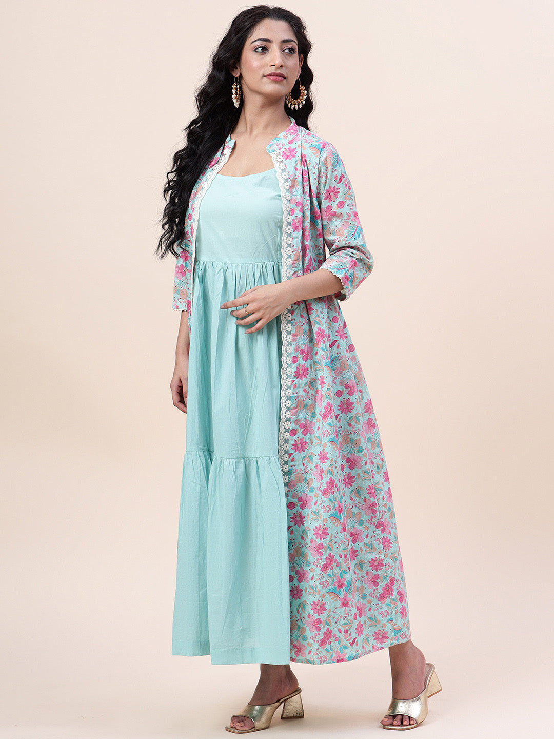 Floral Printed Cotton Gown With Jacket