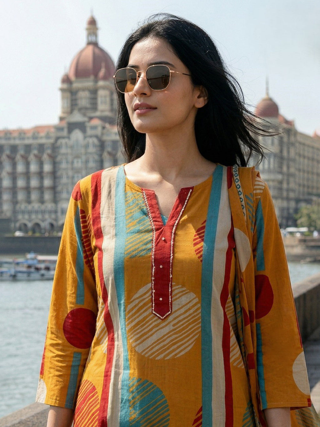 Yellow Embroidered Cotton Blend Straight Suit Set With Dupatta
