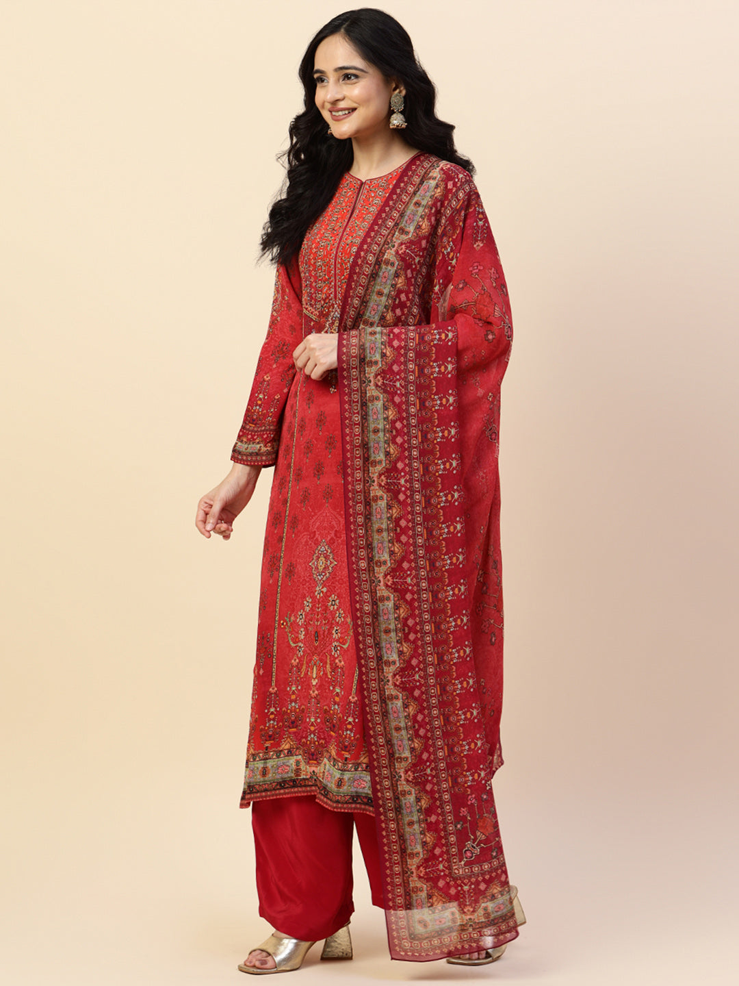 Digital Printed Crepe Kurta With Palazzo &amp; Dupatta