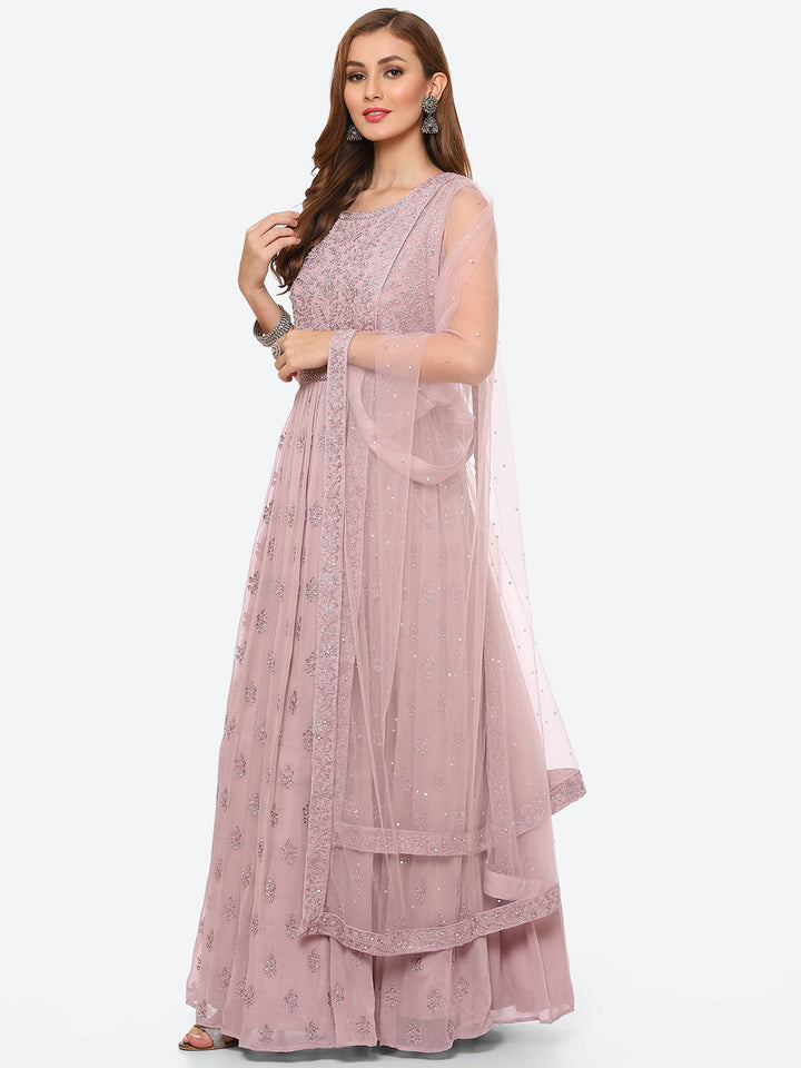 Resham Booti Georgette Anarkali Kurta With Churidar &amp; Net Dupatta