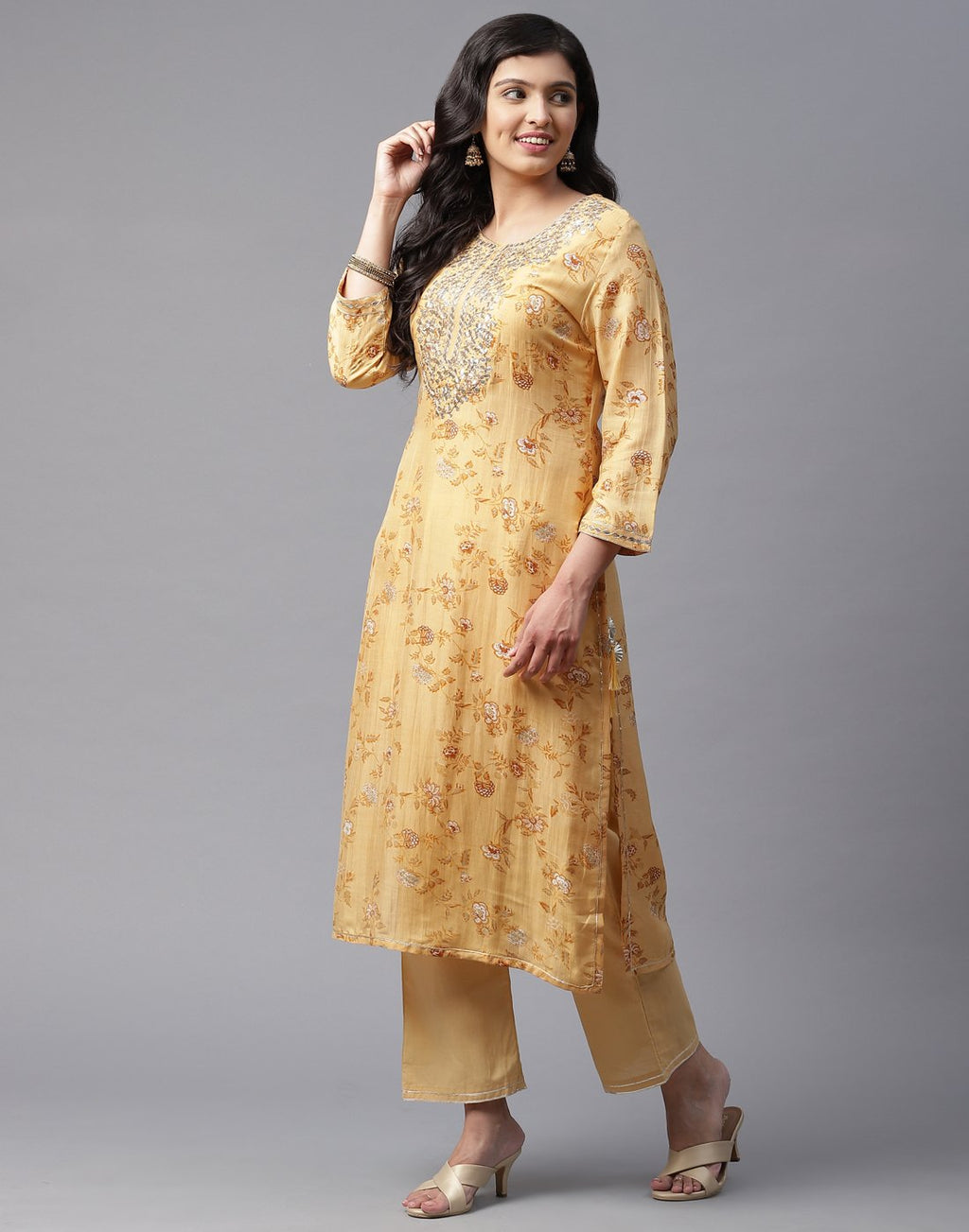 Printed Kurti Pant Set with Gota Yoke Embroidery