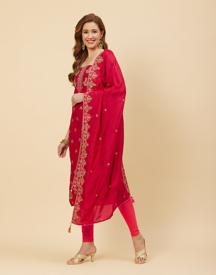 Embroidered Art Handloom Dupion Suit Piece With Chinone Embroidered Dupatta