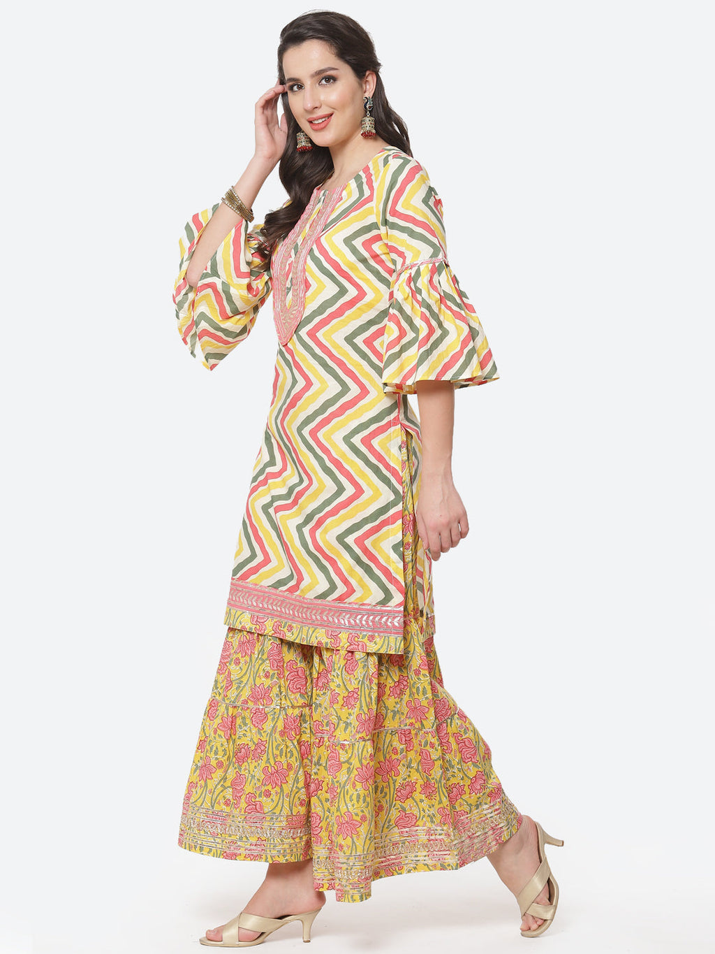 Leheriya Printed Gota Work Cotton Kurti With Sharara