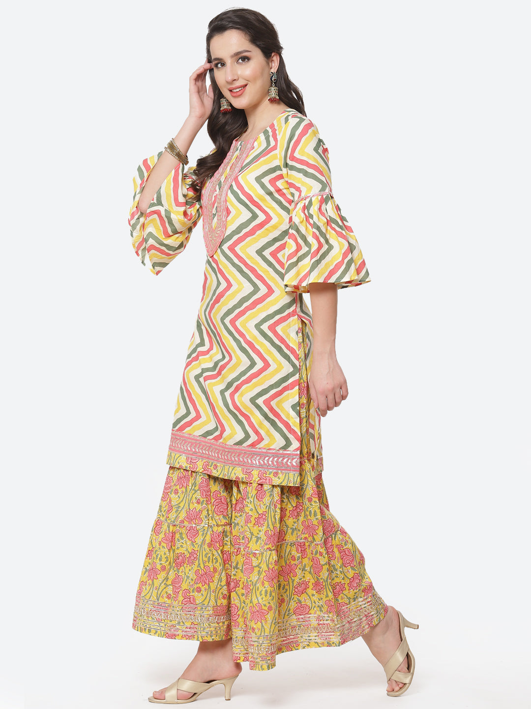 Leheriya Printed Gota Work Cotton Kurti With Sharara