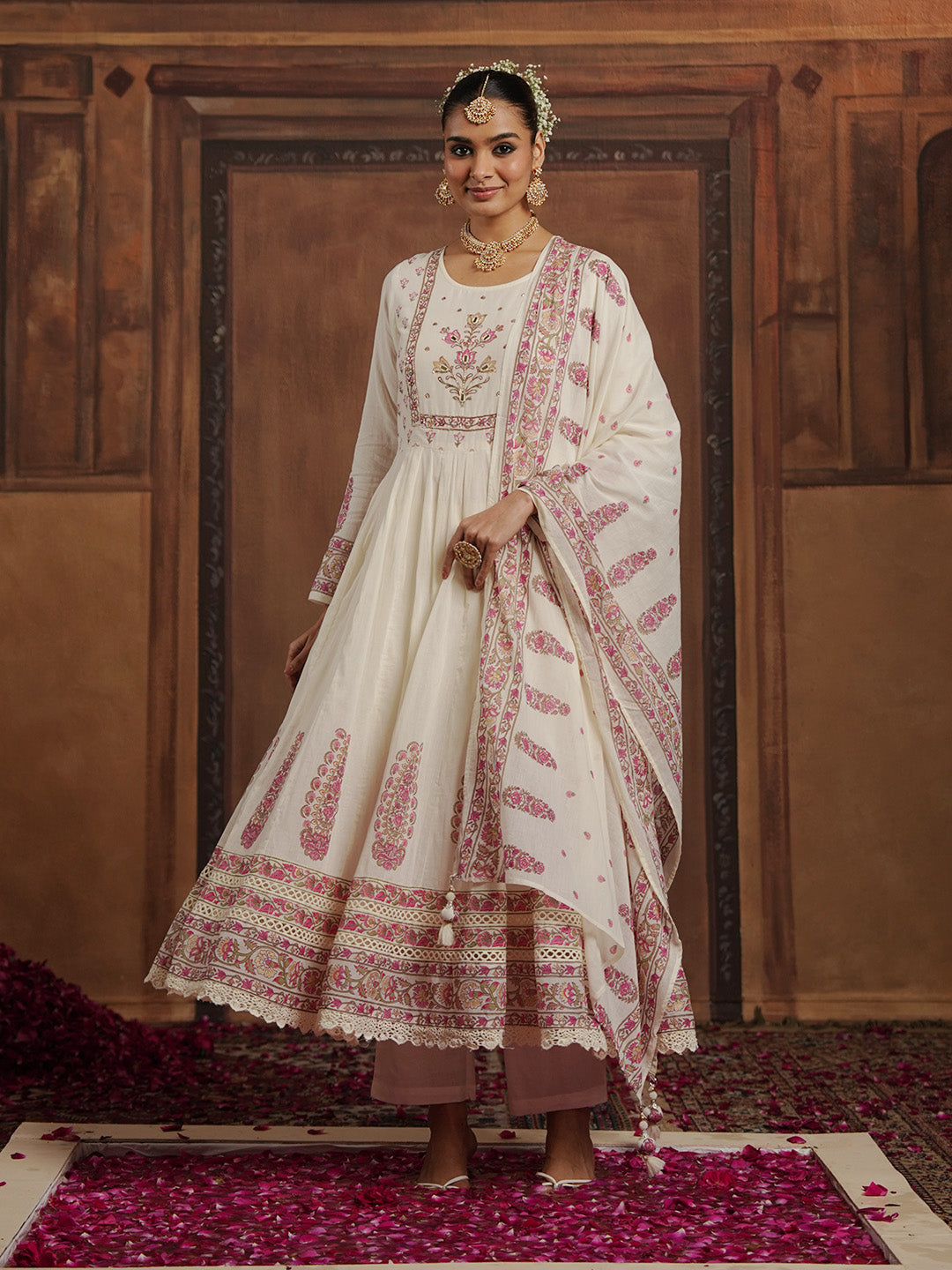 Woven Design Cotton Blend Kurta With Pant &amp; Dupatta