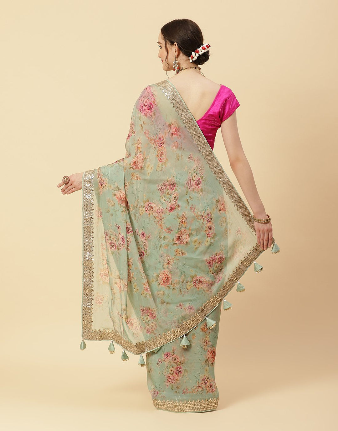 Digital Printed Organza Kora Gota Patti Saree