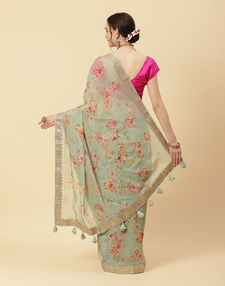 Digital Printed Organza Kora Gota Patti Saree