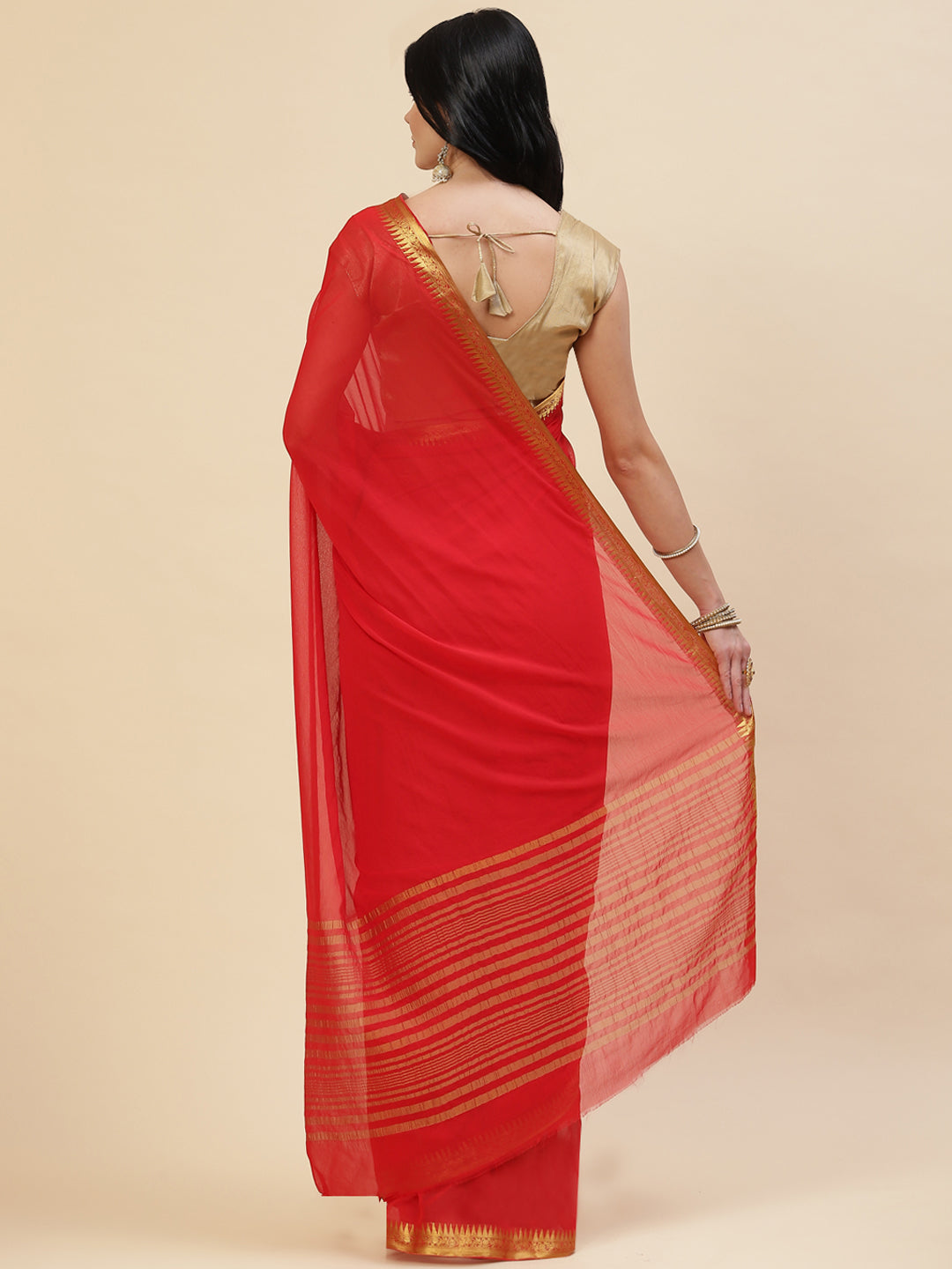 Plain Zari Border Chiffon Saree
