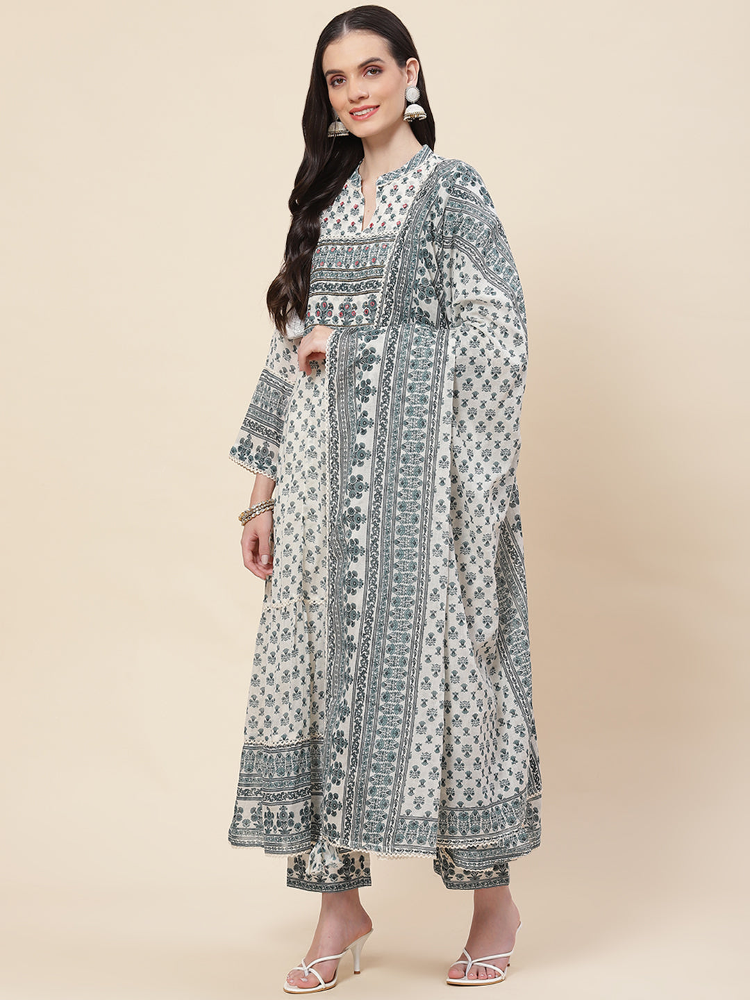 Floral Printed Cotton Kurta With Pants &amp; Dupatta