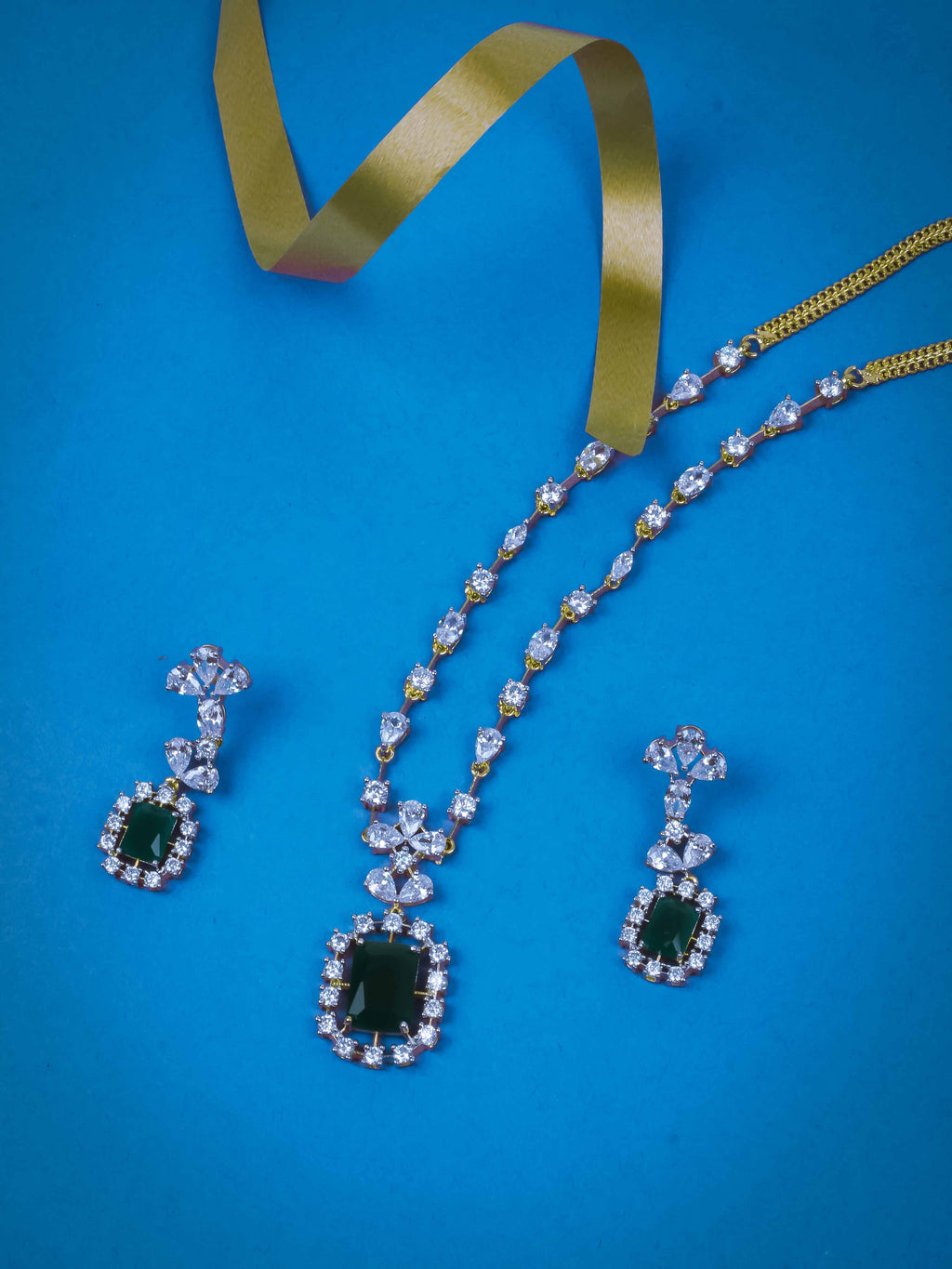 Golden AD Silver Pendant Set With Earrings