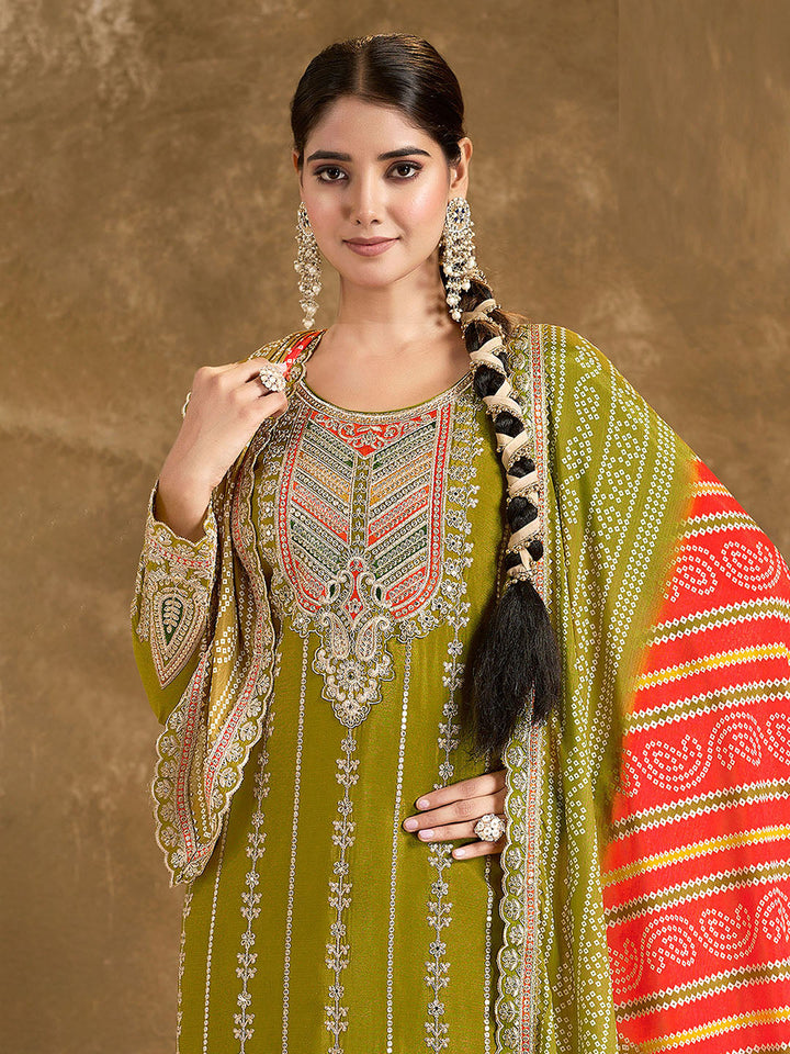 Embroidered Chinon Kurti With Patiala Salwar &amp; Dupatta