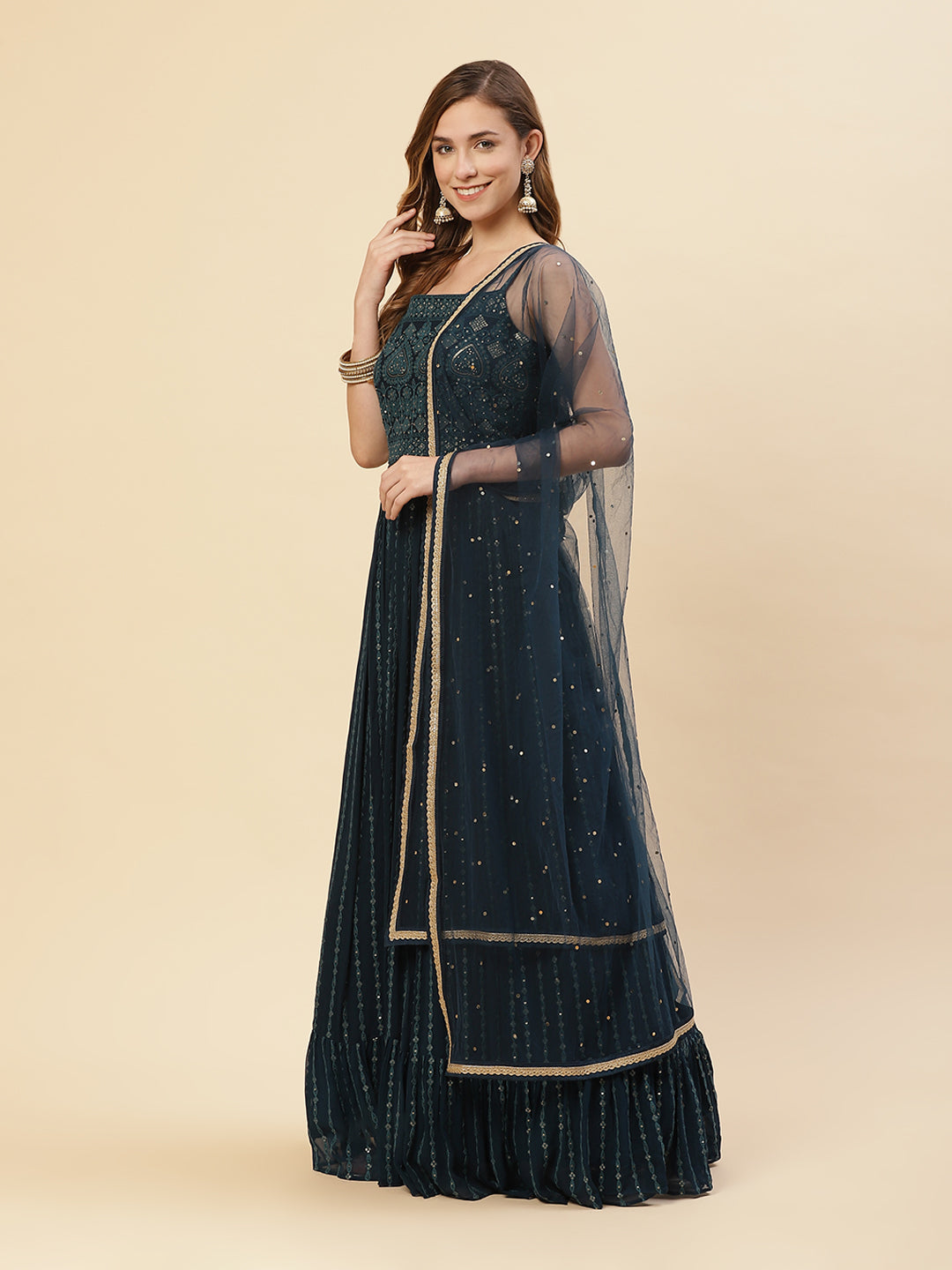 Embroidered Art Georgette Anarkali Kurti With Chudidar And Net Dupatta