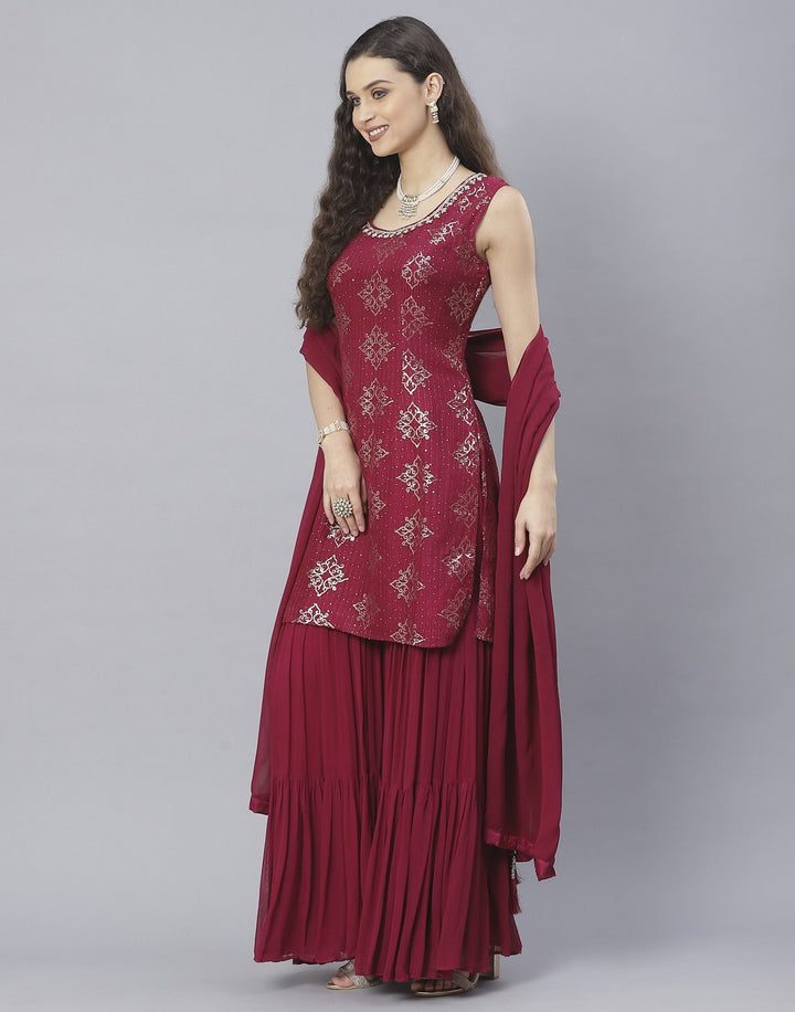 Bottle Green and Wine Art Crepe Salwar Kameez
