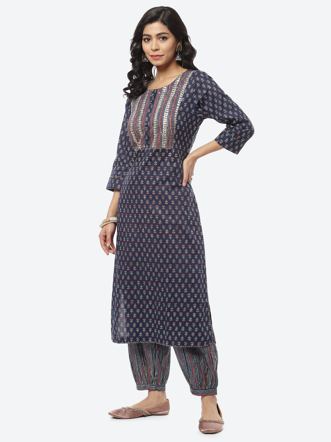 Printed Gota Work Cotton Kurti With Pant