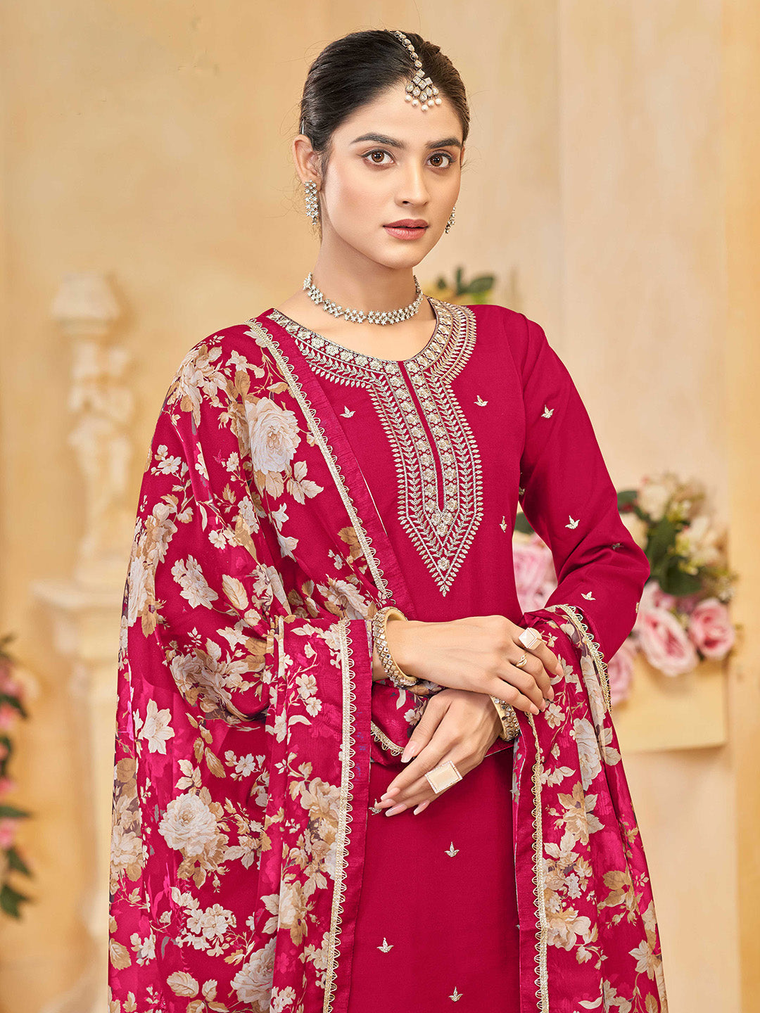 Embroidered Art Silk Kurta With Plazzo &amp; Dupatta
