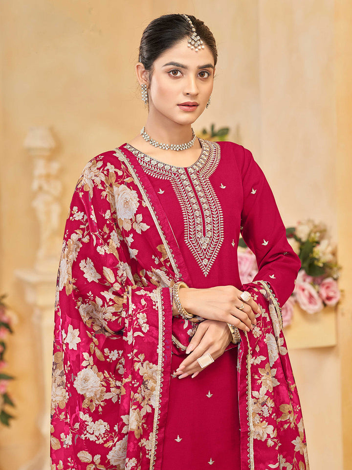 Embroidered Art Silk Kurta With Plazzo &amp; Dupatta