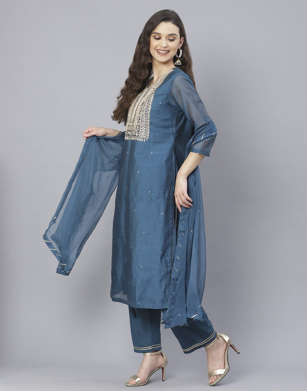 Red and Teal Blue Cotton Chanderi Salwar Kameez