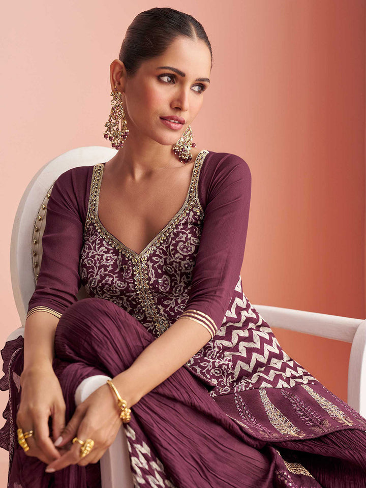 Embroidered Chinon Kurti With Gharara &amp; Dupatta