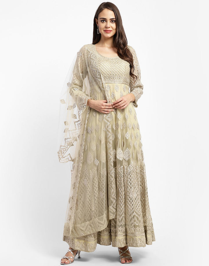 MBZ Meena Bazaar-Beautiful Cream Net Salwar Kameez Stitched Anarkali Suit