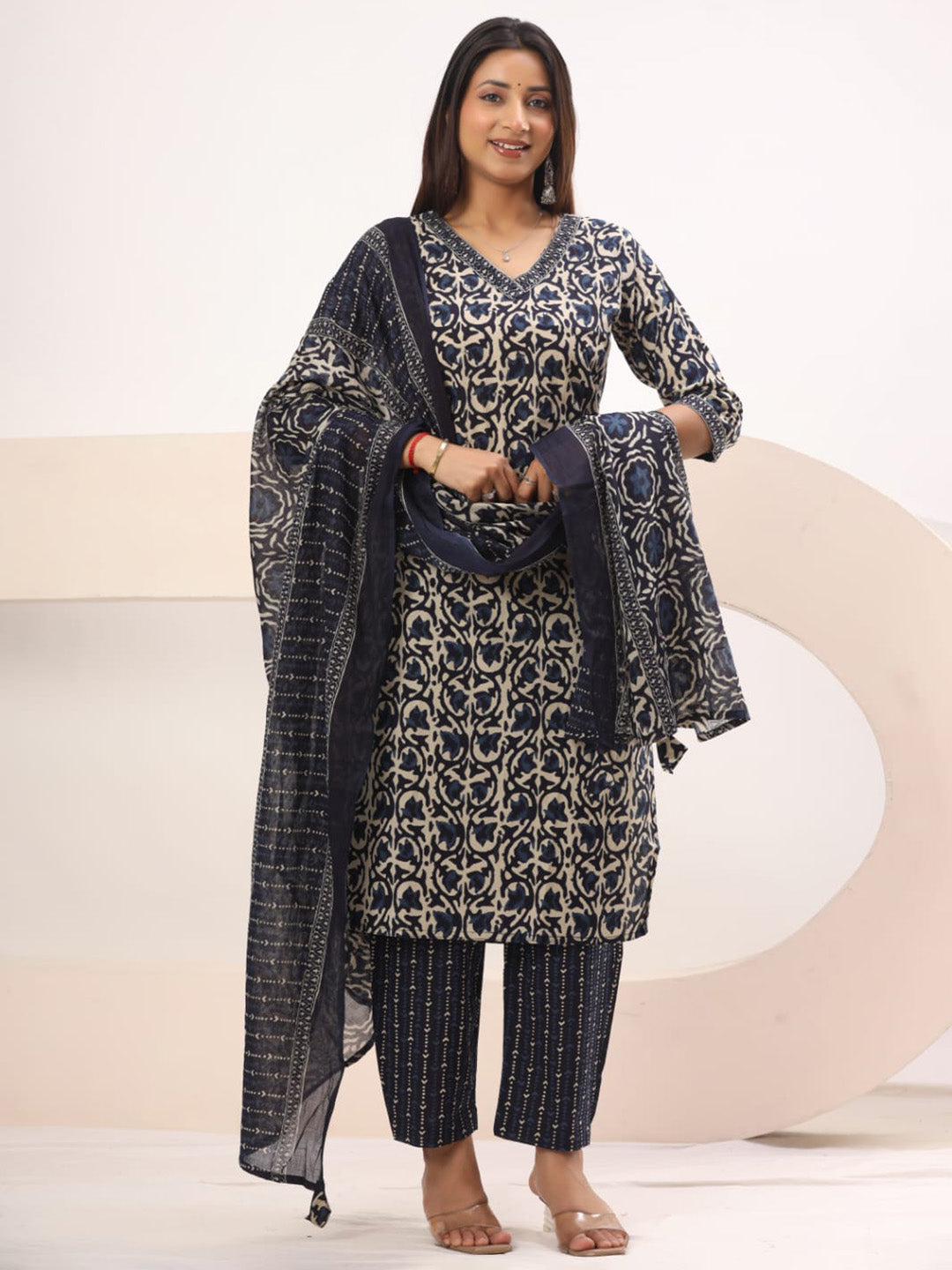 Black Embroidered Cotton Blend Straight Suit Set With Dupatta