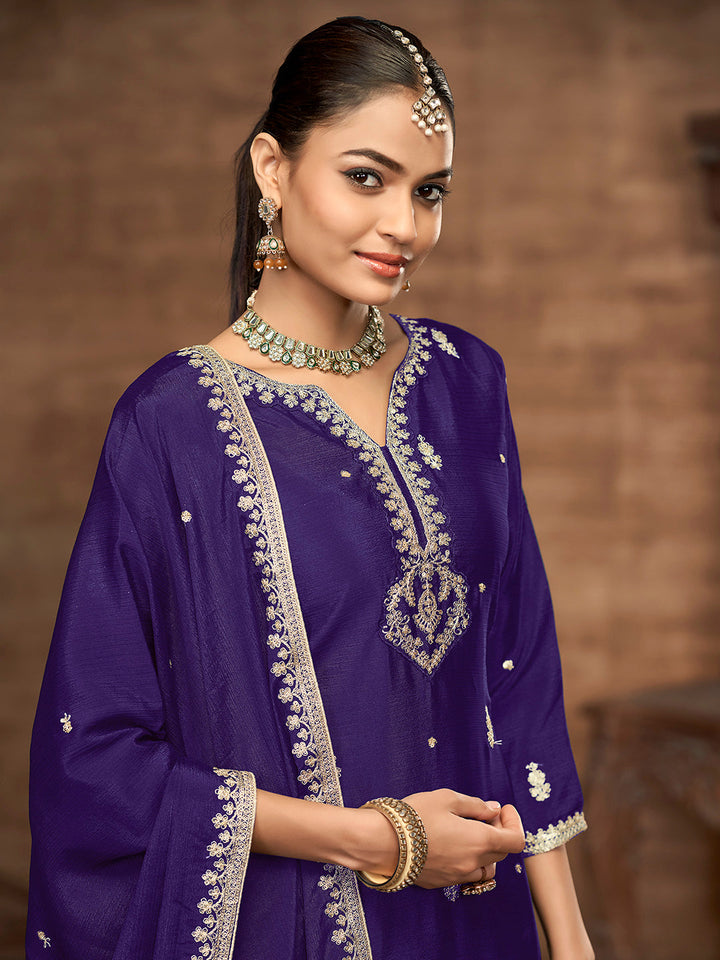Embroidered Chinnon Kurta With Plazzo &amp; Dupatta