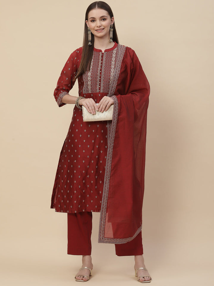 Resham Booti Cotton Kurta With Pants &amp; Dupatta