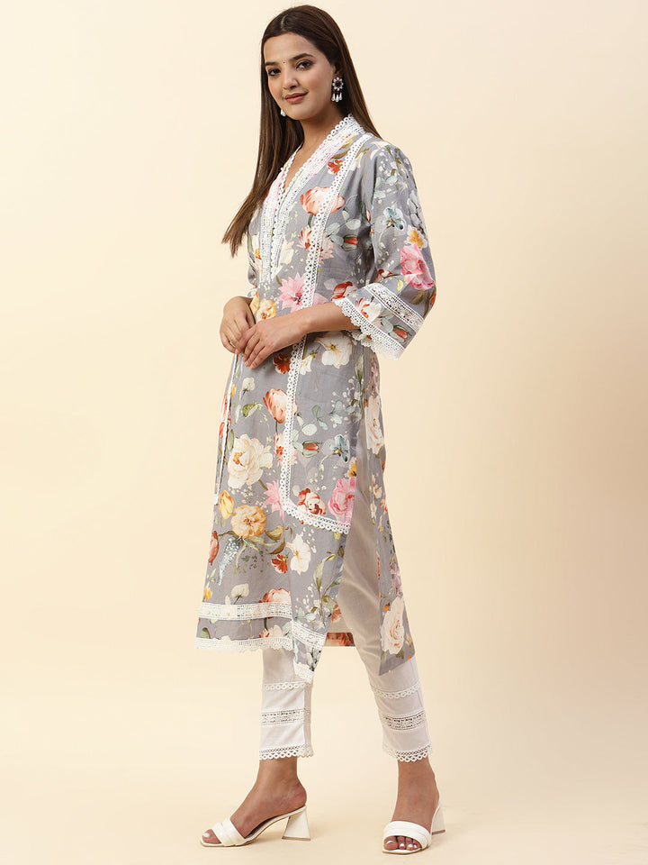 Floral Printed Cotton Kurta With Pants
