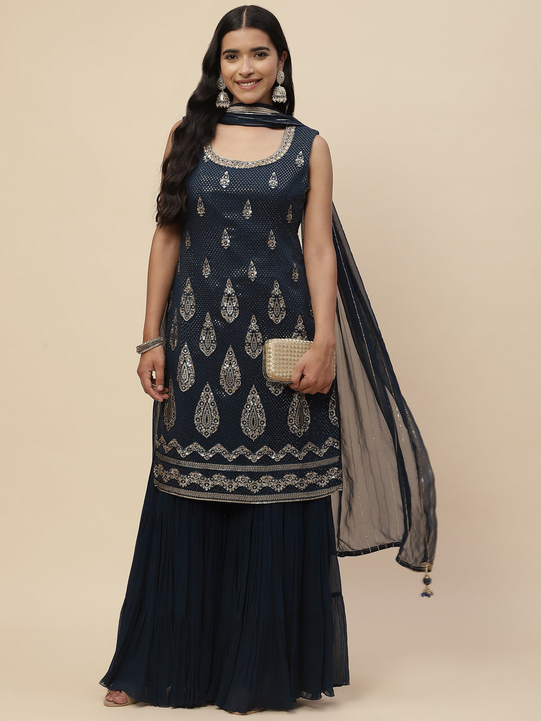 Sequin Embroidered Georgette Kurta With Sharara &amp; Dupatta