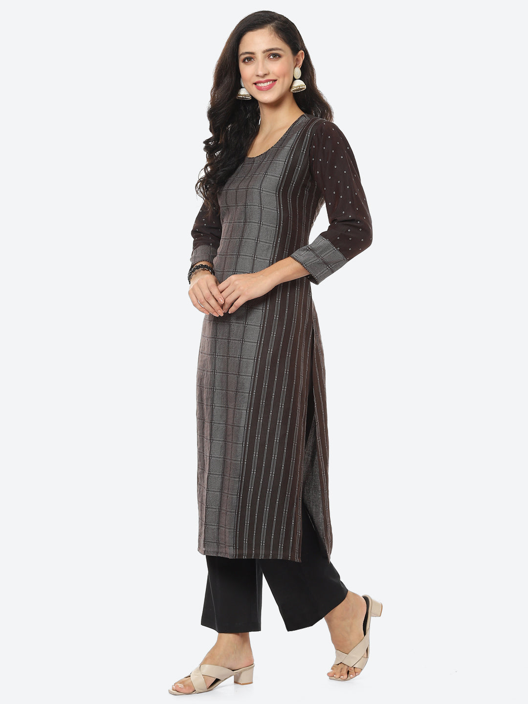 Checked Printed Chanderi Kurta With Pant