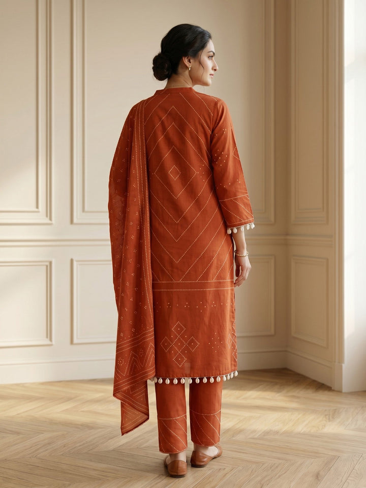 Rust Embroidered Cotton Blend Straight V Neck Suit Set