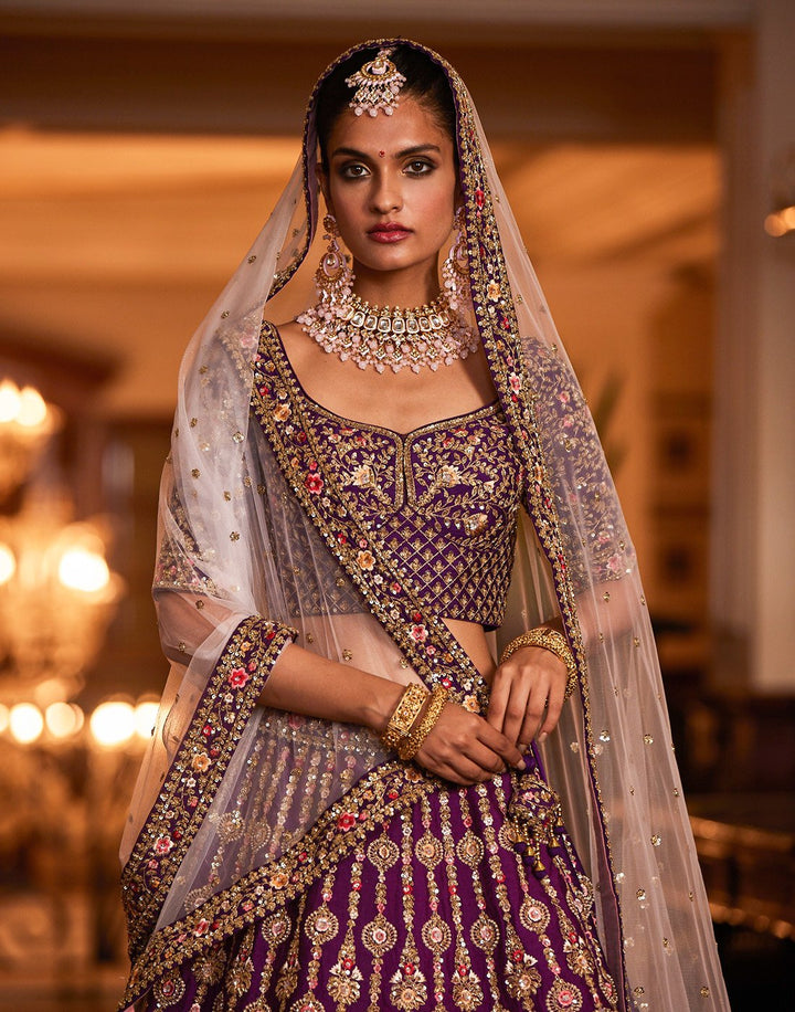 Embroidered Art Handloom Dupion Bridal Lehenga With Net Dupatta