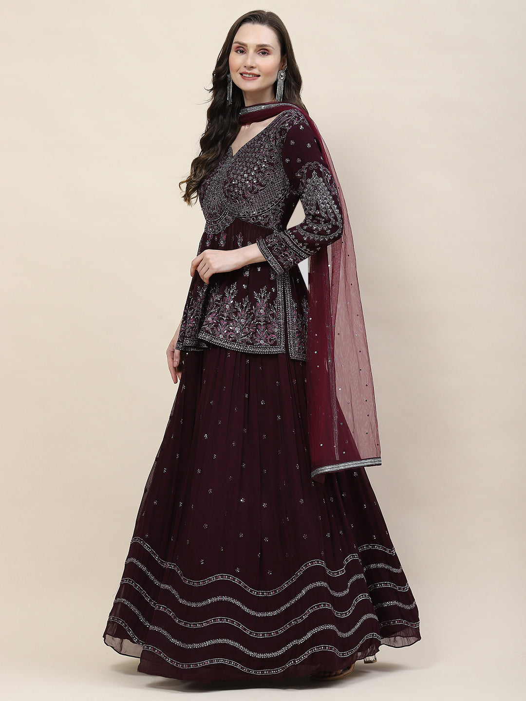 Sequin Zari Embroidered Georgette Choli With Lehenga &amp; Dupatta