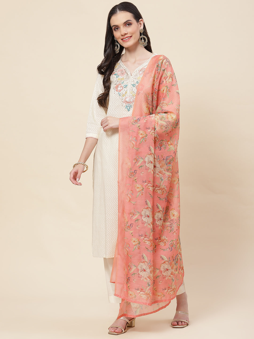 Neck Embroidered Cotton Kurta With Pants &amp; Dupatta