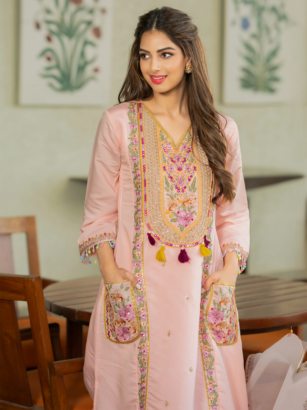 Pink Embroidered Art Silk Kurta Pant with Dupatta