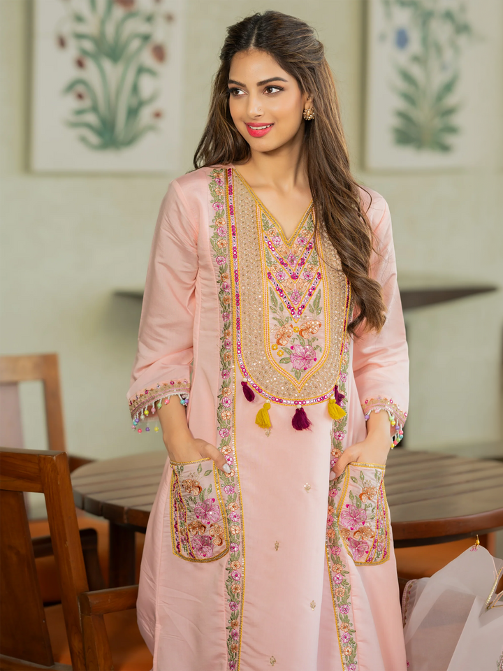 Pink Embroidered Art Silk Kurta Pant with Dupatta