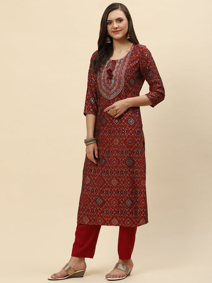 Zari Neck Embroidered &amp; Printed Muslin Kurta With Pants