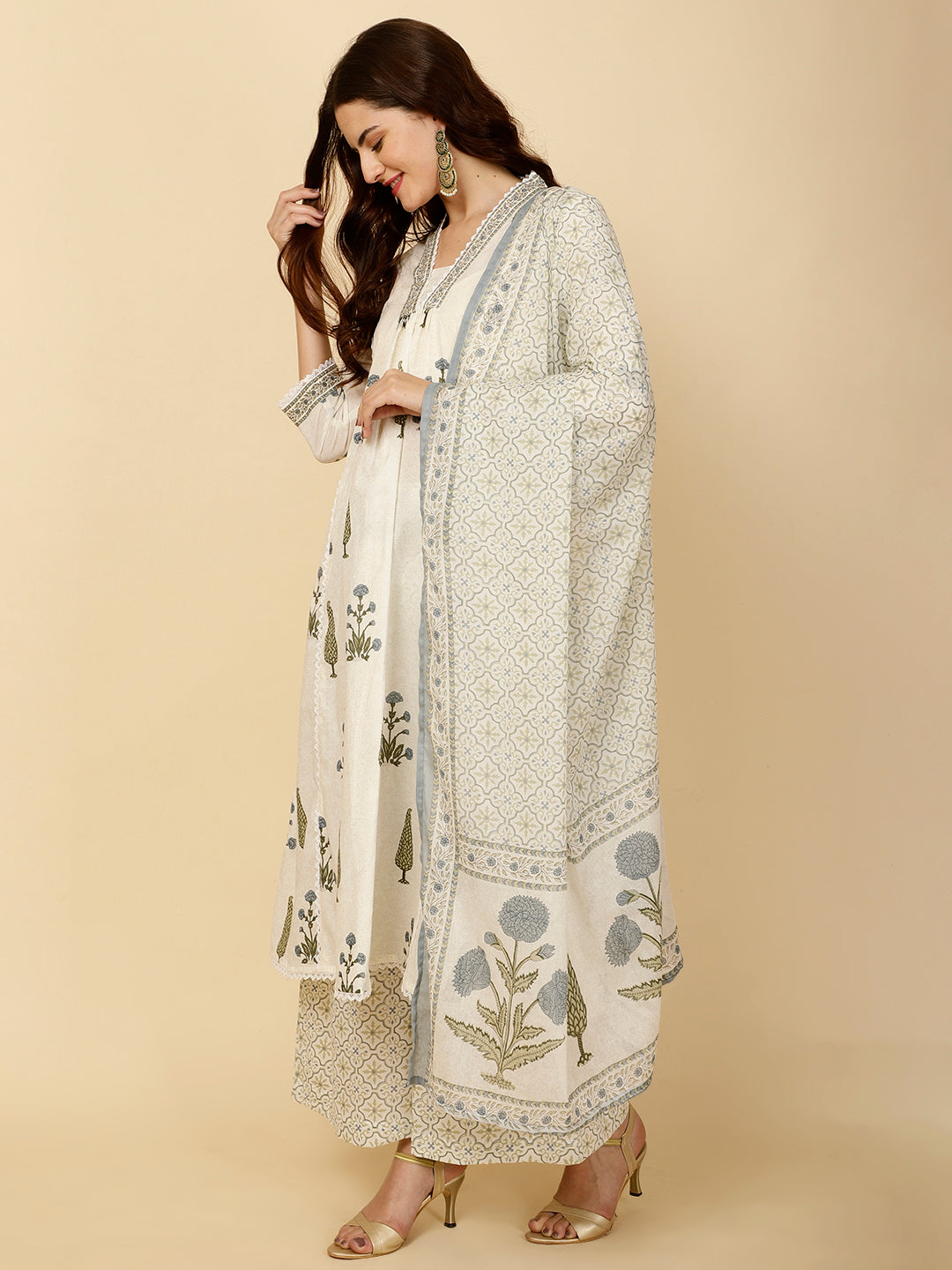 Block Printed Cotton Kurta With Palazzo & Dupatta